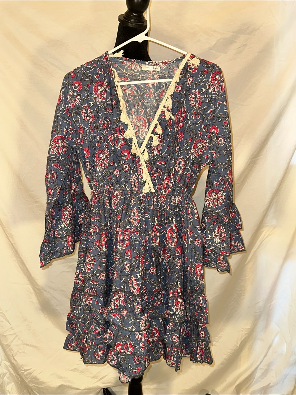 Blue Floral V-Neck Tiered Mini Dress with Pink Accents